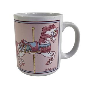 Vintage Artmark Carousel Horse Ceramic Coffee Mug Pink White Made in Taiwan